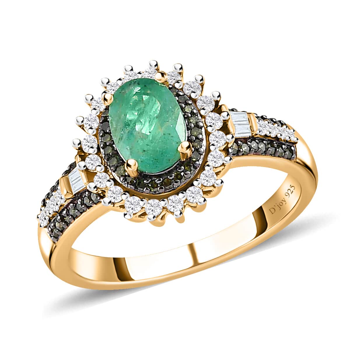 AAA Kagem Zambian Emerald Ring, Green and White Diamond Accent Ring, Emerald Sunburst Ring, Sunburst Halo Ring, Vermeil Yellow Gold Over Sterling Silver Ring 1.20 ctw image number 0