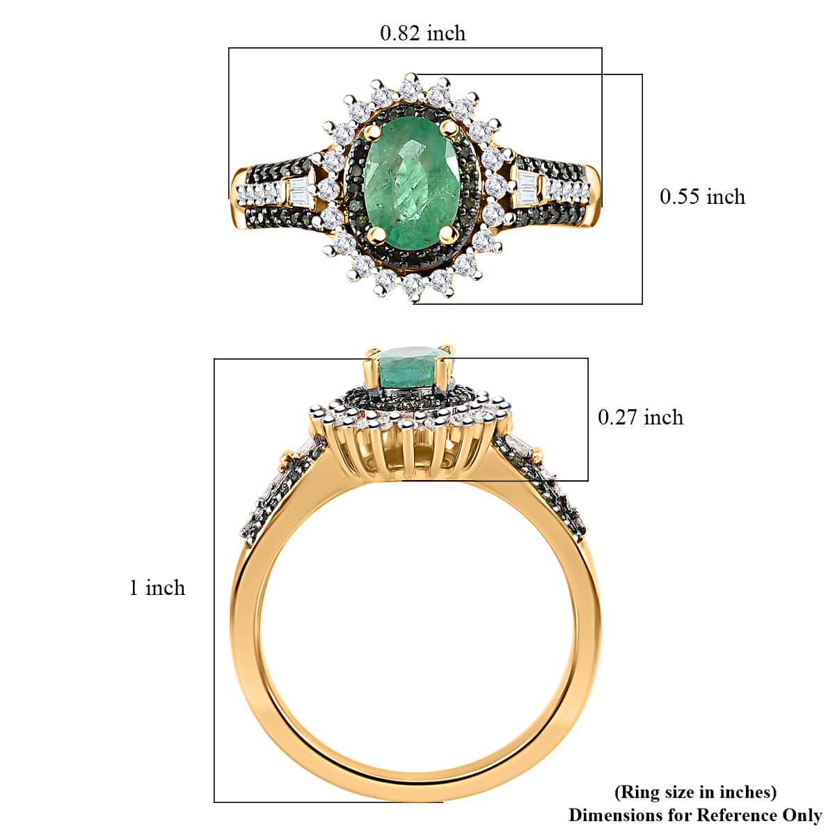 AAA Kagem Zambian Emerald Ring, Green and White Diamond Accent Ring, Emerald Sunburst Ring, Sunburst Halo Ring, Vermeil Yellow Gold Over Sterling Silver Ring 1.20 ctw image number 5