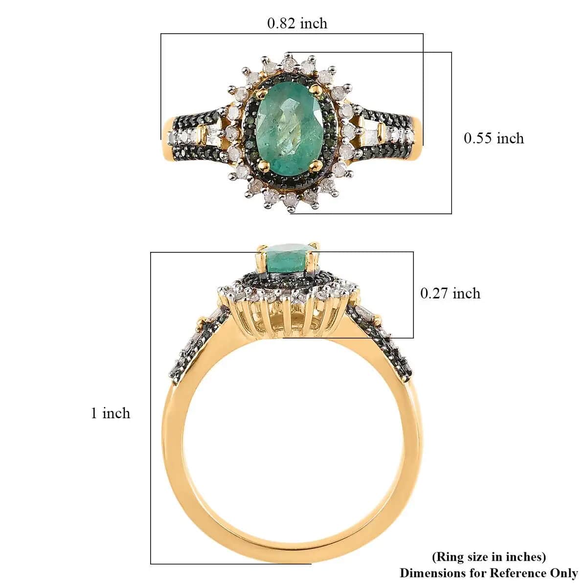 AAA Kagem Zambian Emerald Ring, Green and White Diamond Accent Ring, Emerald Sunburst Ring, Sunburst Halo Ring, Vermeil Yellow Gold Over Sterling Silver Ring 1.20 ctw image number 6
