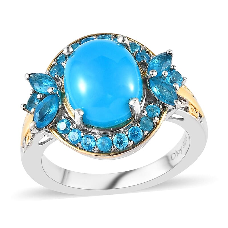 Premium Sleeping Beauty Turquoise and Malgache Neon Apatite Ring in Vermeil YG and Platinum Over Sterling Silver (Size 10.0) 3.00 ctw