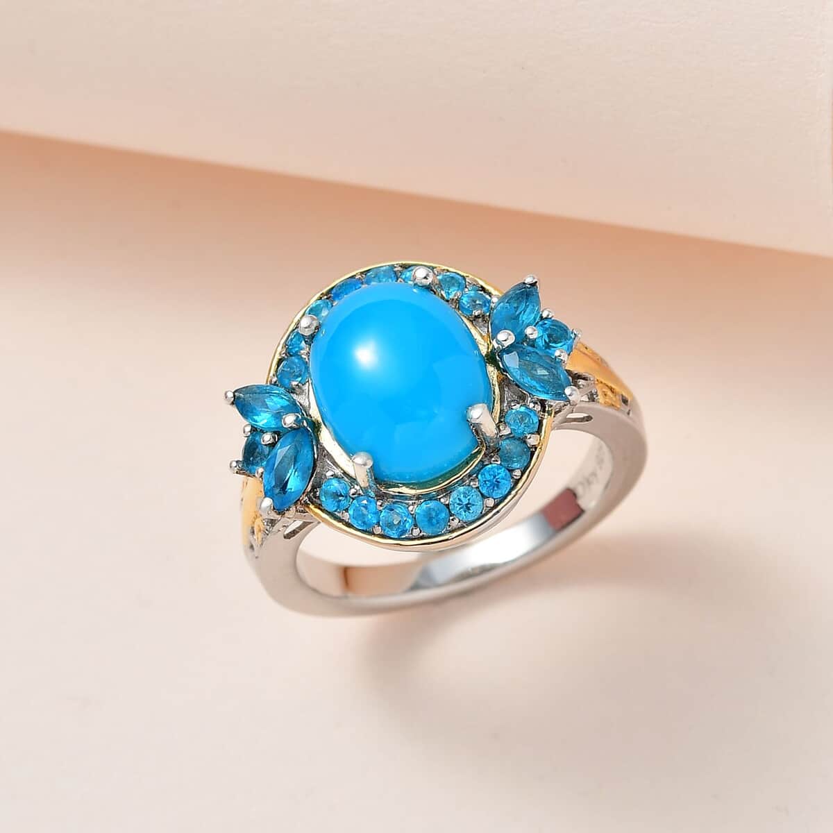 Premium Sleeping Beauty Turquoise and Malgache Neon Apatite Ring in Vermeil YG and Platinum Over Sterling Silver 3.00 ctw image number 1