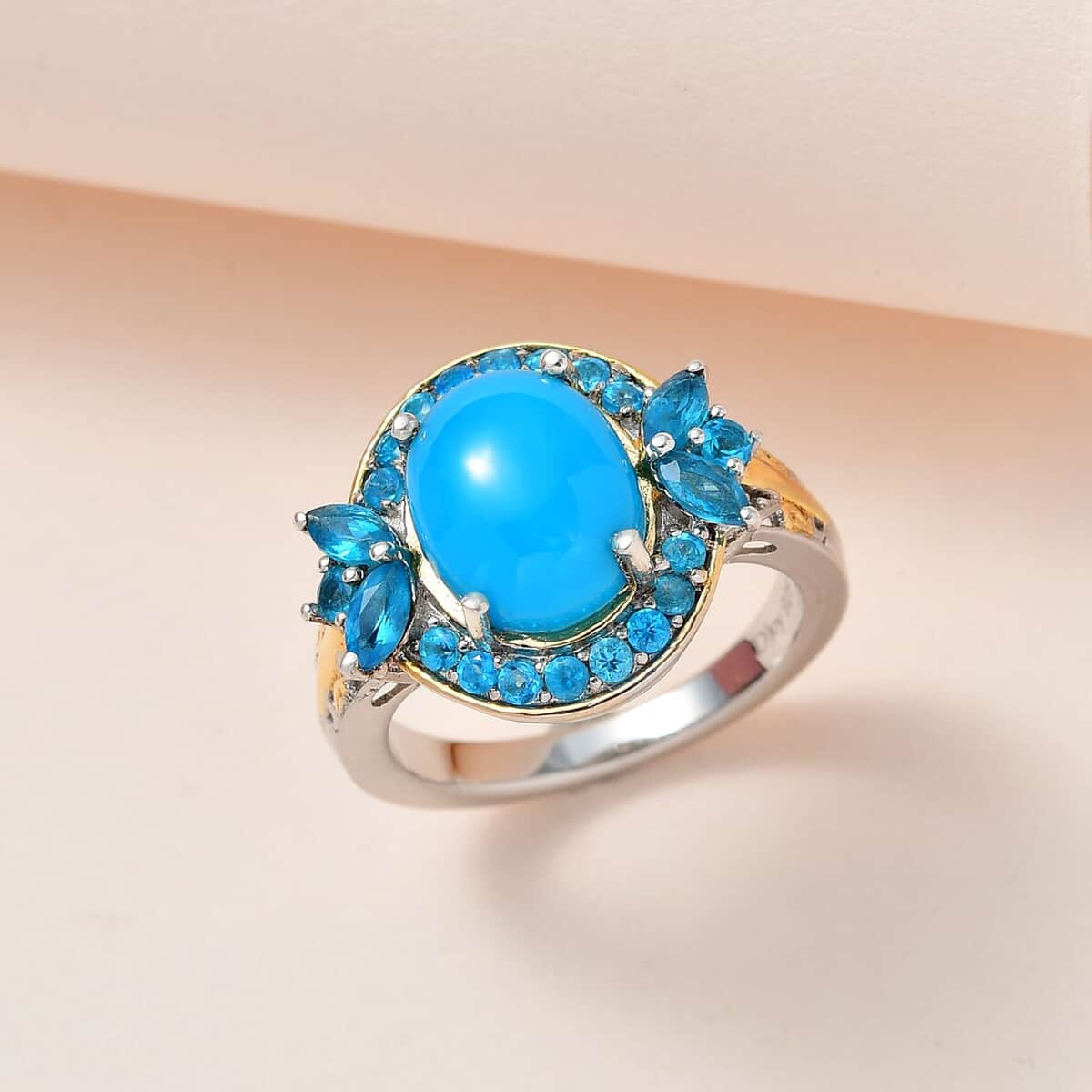 Premium Sleeping Beauty Turquoise and Malgache Neon Apatite Ring in Vermeil YG and Platinum Over Sterling Silver (Size 8.0) 3.00 ctw image number 1