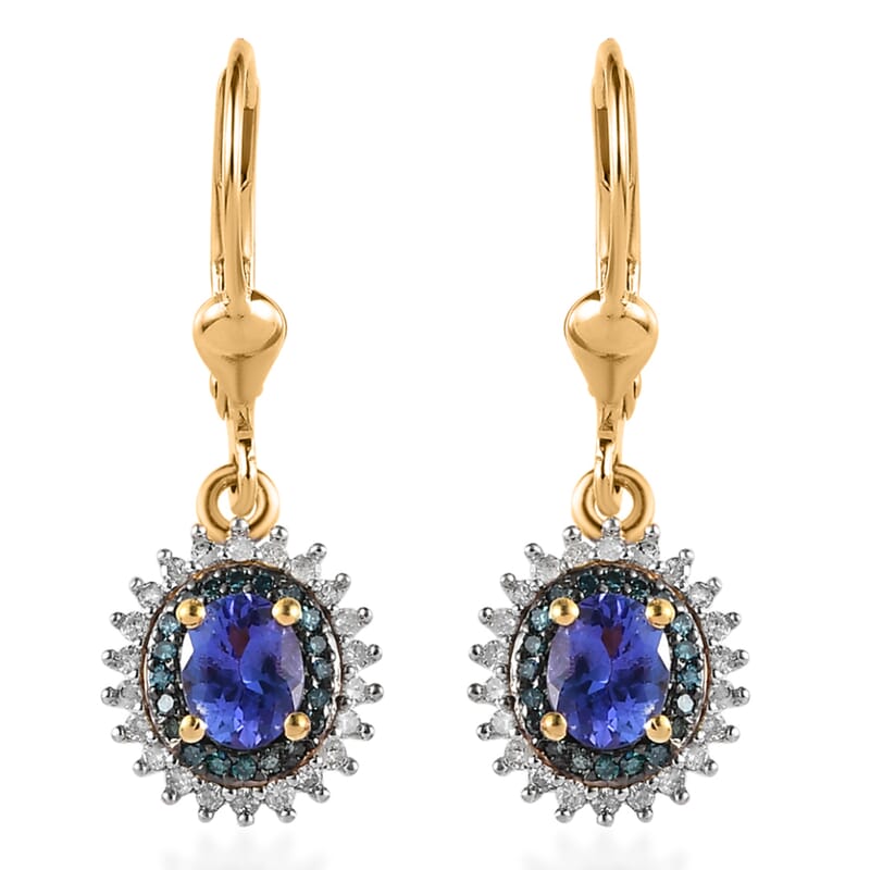 Tanzanite, Blue and White Diamond Lever Back Earrings in Vermeil Yellow Gold Over Sterling Silver 1.00 ctw