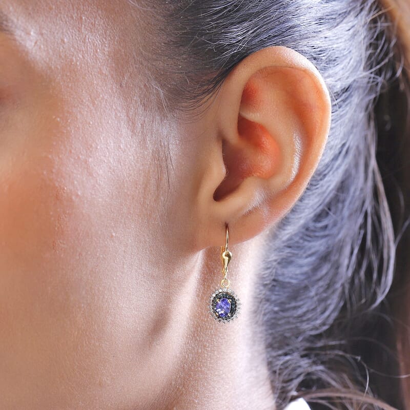 Tanzanite, Blue and White Diamond Lever Back Earrings in Vermeil Yellow Gold Over Sterling Silver 1.00 ctw