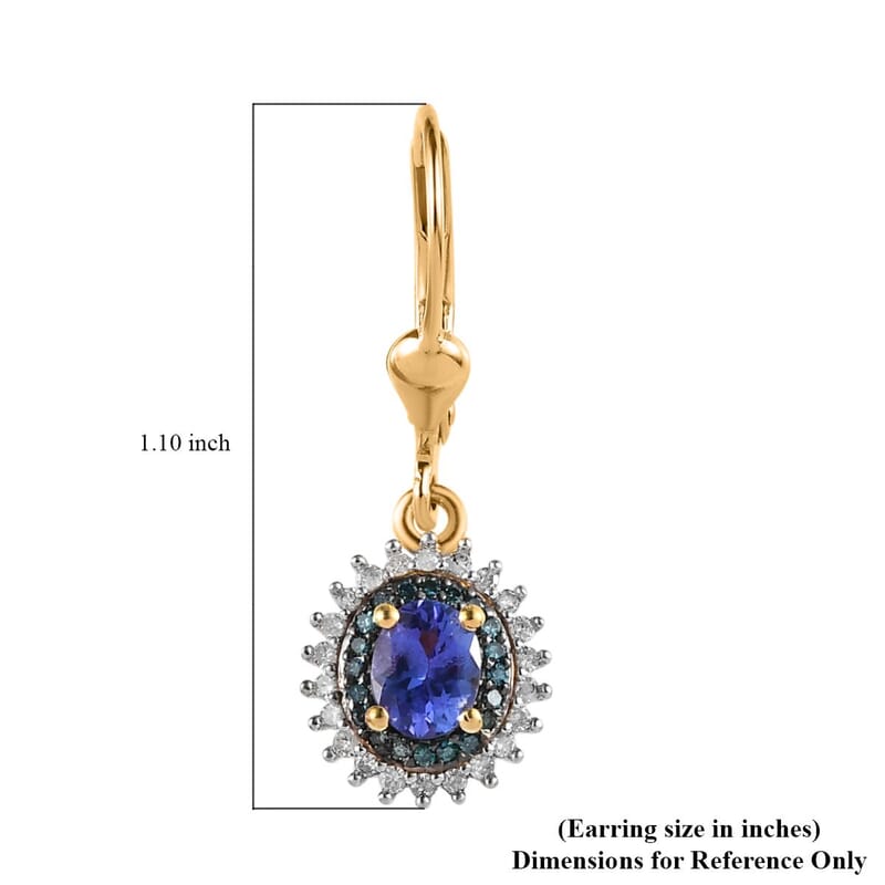 Tanzanite, Blue and White Diamond Lever Back Earrings in Vermeil Yellow Gold Over Sterling Silver 1.00 ctw