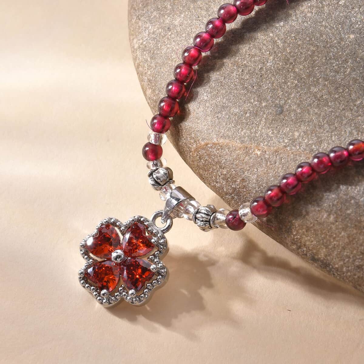 Simulated Orange Sapphire and Glass Pendant with Mozambique Garnet Beaded Necklace 20 Inches in Silvertone 52.60 ctw image number 1