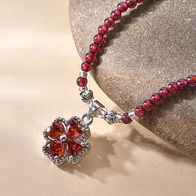 Simulated Orange Sapphire and Glass Pendant with Mozambique Garnet Beaded Necklace 20 Inches in Silvertone 52.60 ctw