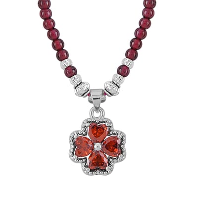 Simulated Orange Sapphire and Glass Pendant with Mozambique Garnet Beaded Necklace 20 Inches in Silvertone 52.60 ctw