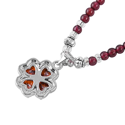 Simulated Orange Sapphire and Glass Pendant with Mozambique Garnet Beaded Necklace 20 Inches in Silvertone 52.60 ctw