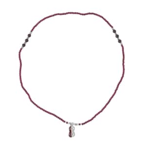 Simulated Orange Sapphire and Glass Pendant with Mozambique Garnet Beaded Necklace 20 Inches in Silvertone 52.60 ctw