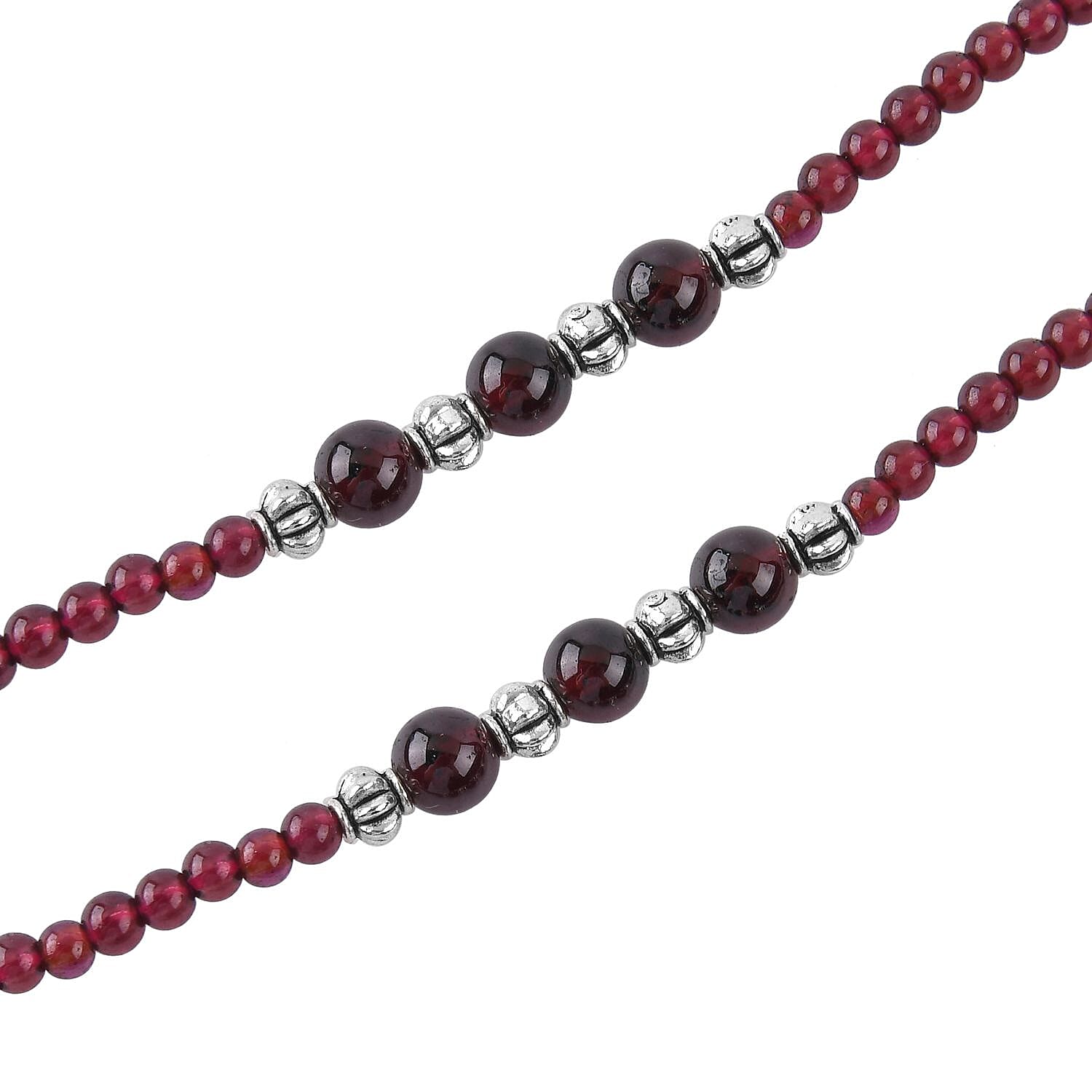 Simulated Sapphire and Glass Pendant with Mozambique Garnet Beaded Necklace 20 Inches in Silvertone 52.60 ctw