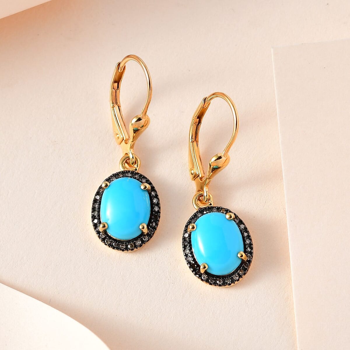 Sleeping Beauty Turquoise and Red Diamond Lever Back Earrings in Vermeil Yellow Gold Over Sterling Silver 3.00 ctw image number 1