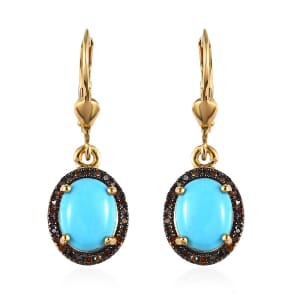 Sleeping Beauty Turquoise and Red Diamond Lever Back Earrings in Vermeil Yellow Gold Over Sterling Silver 2.90 ctw