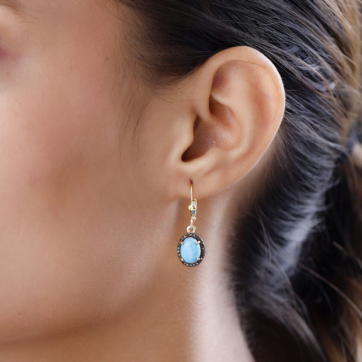 Sleeping Beauty Turquoise and Red Diamond Lever Back Earrings in Vermeil Yellow Gold Over Sterling Silver 2.90 ctw image number 2