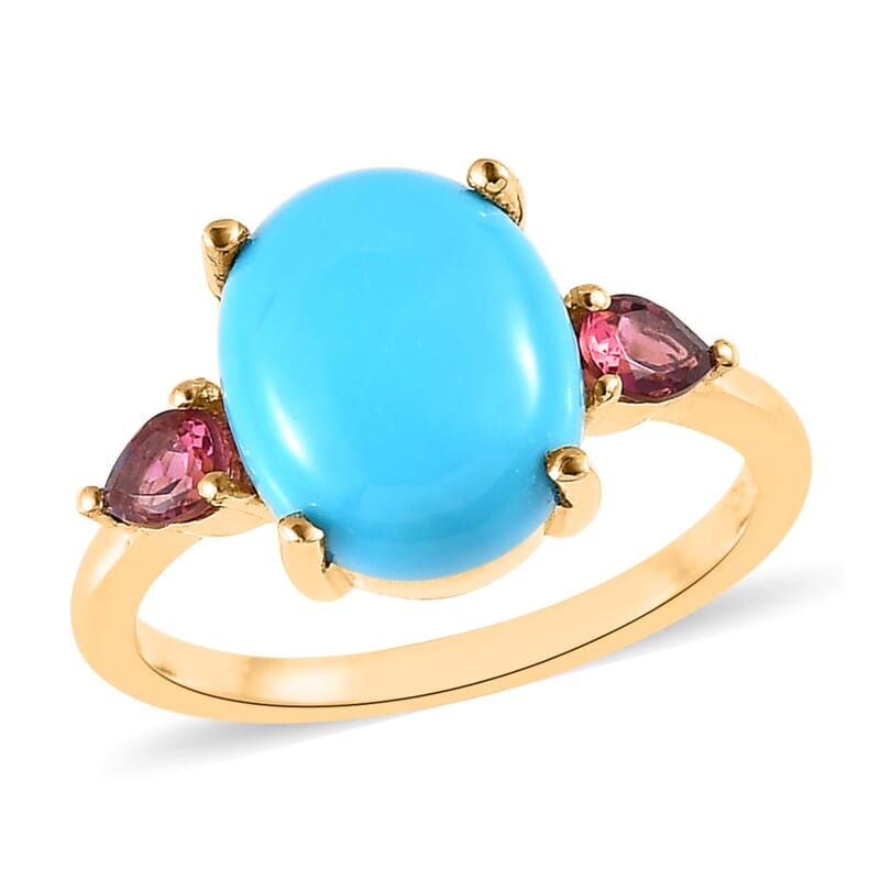 Premium Sleeping Beauty Turquoise and Ouro Fino Rubellite Ring in Vermeil Yellow Gold Over Sterling Silver (Size 10.0) 3.50 ctw