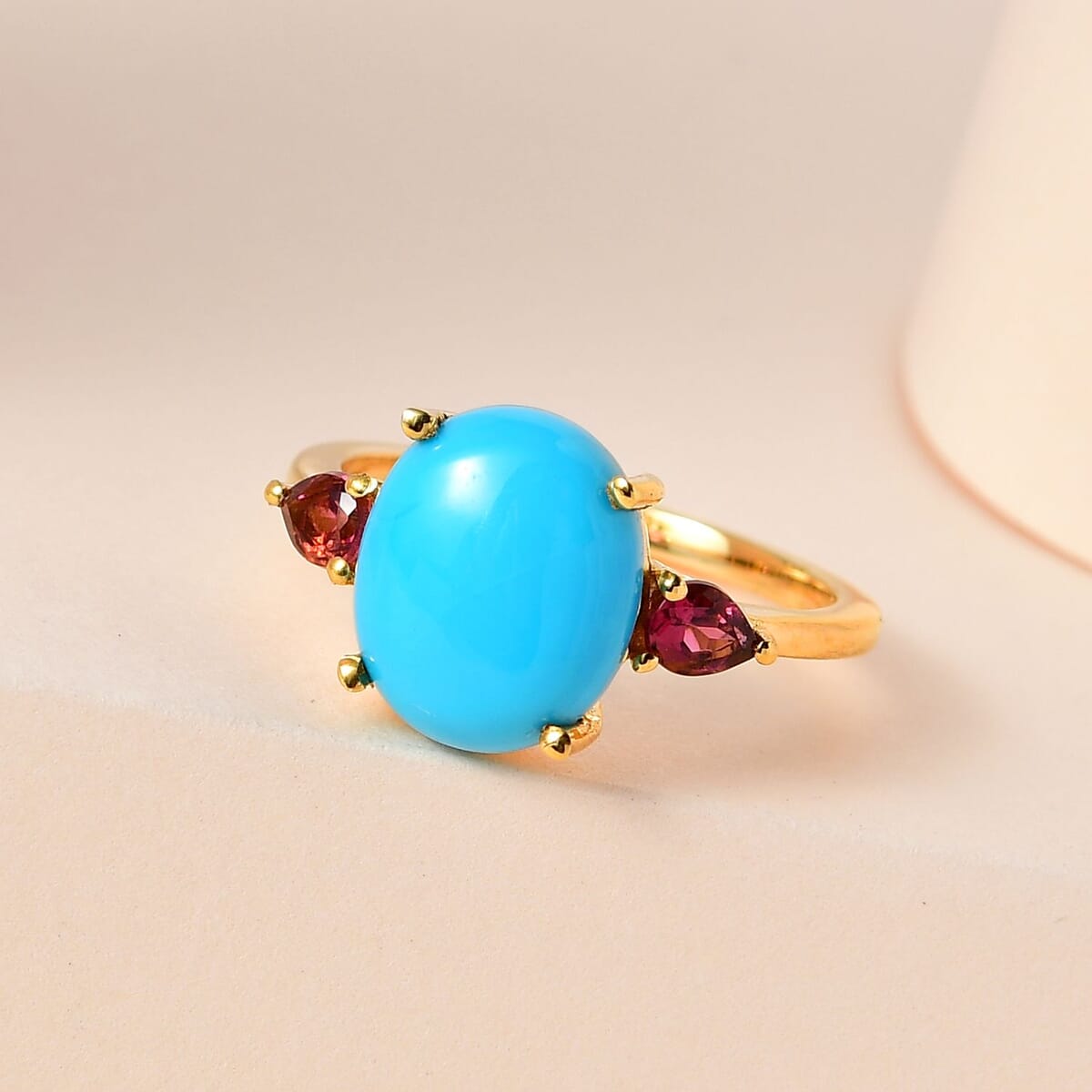 Premium Sleeping Beauty Turquoise and Ouro Fino Rubellite Ring in Vermeil Yellow Gold Over Sterling Silver (Size 9.0) 3.50 ctw image number 1
