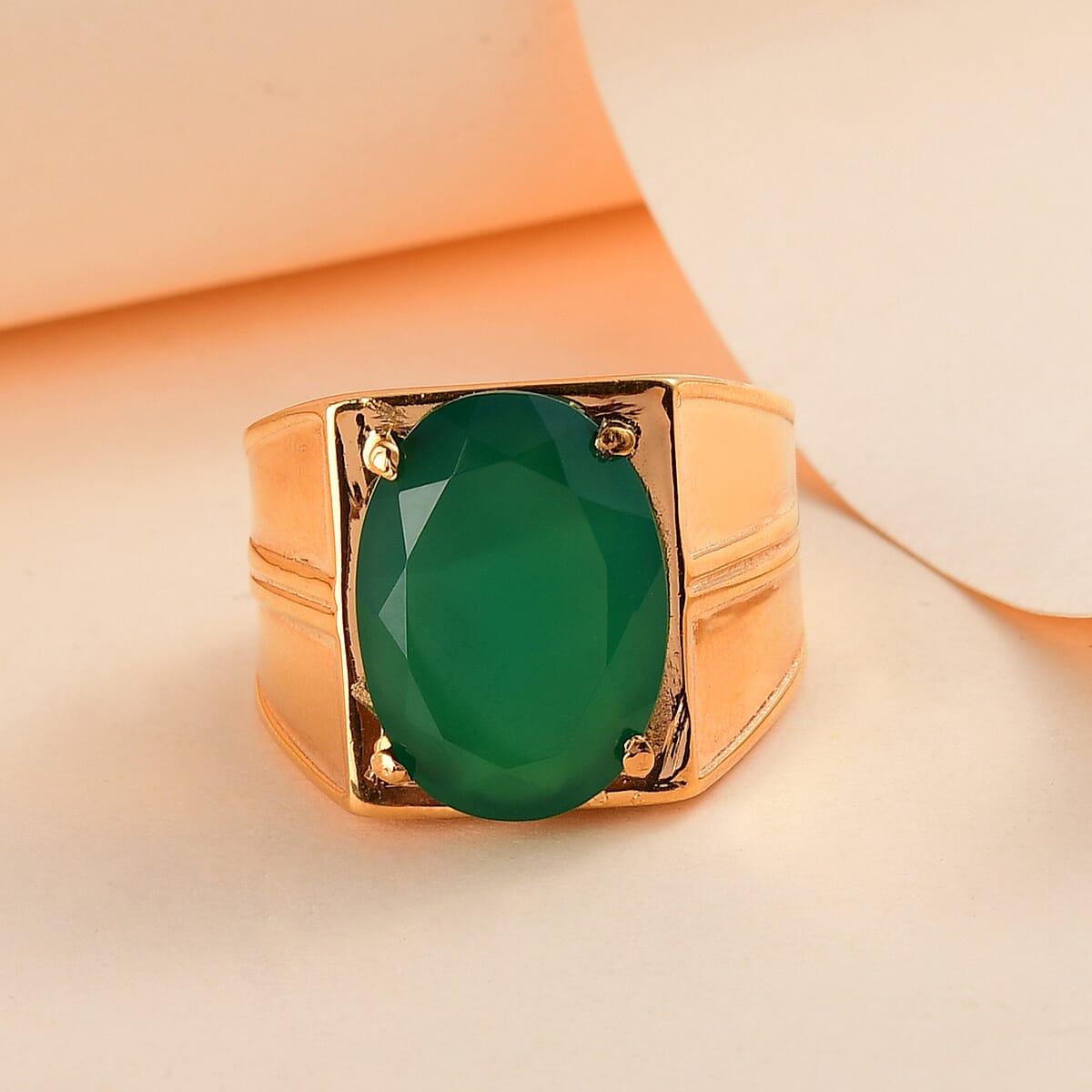 Verde Onyx 9.65 ctw Men's Ring in ION Plated YG Stainless Steel (Size 9.0) | Tarnish-Free, Waterproof, Sweat Proof Jewelry image number 1