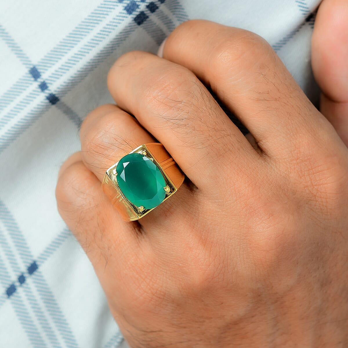 Verde Onyx 9.65 ctw Men's Ring in ION Plated YG Stainless Steel (Size 9.0) | Tarnish-Free, Waterproof, Sweat Proof Jewelry image number 2