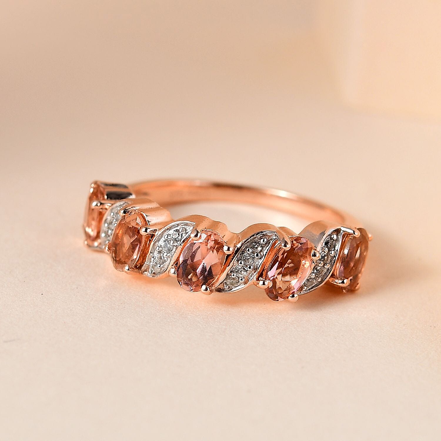 Premium Blush Tourmaline and White Zircon Ring in Vermeil Rose Gold Over Sterling Silver (Size 10.0) 1.15 ctw