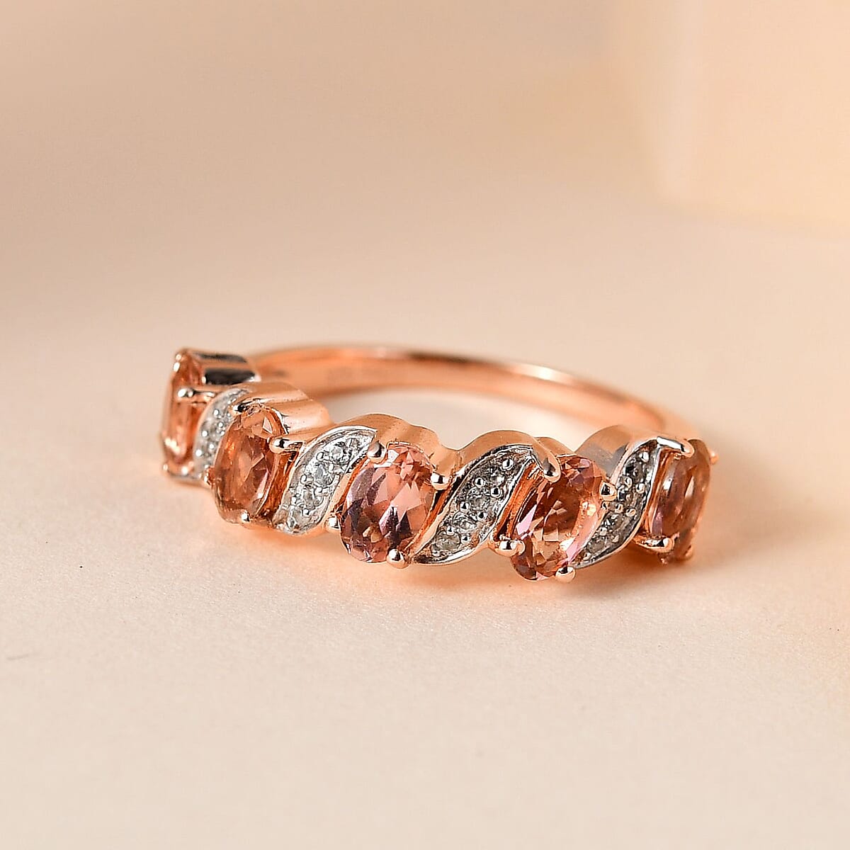 Premium Blush Tourmaline and White Zircon Ring in Vermeil Rose Gold Over Sterling Silver (Size 8.0) 1.15 ctw image number 1