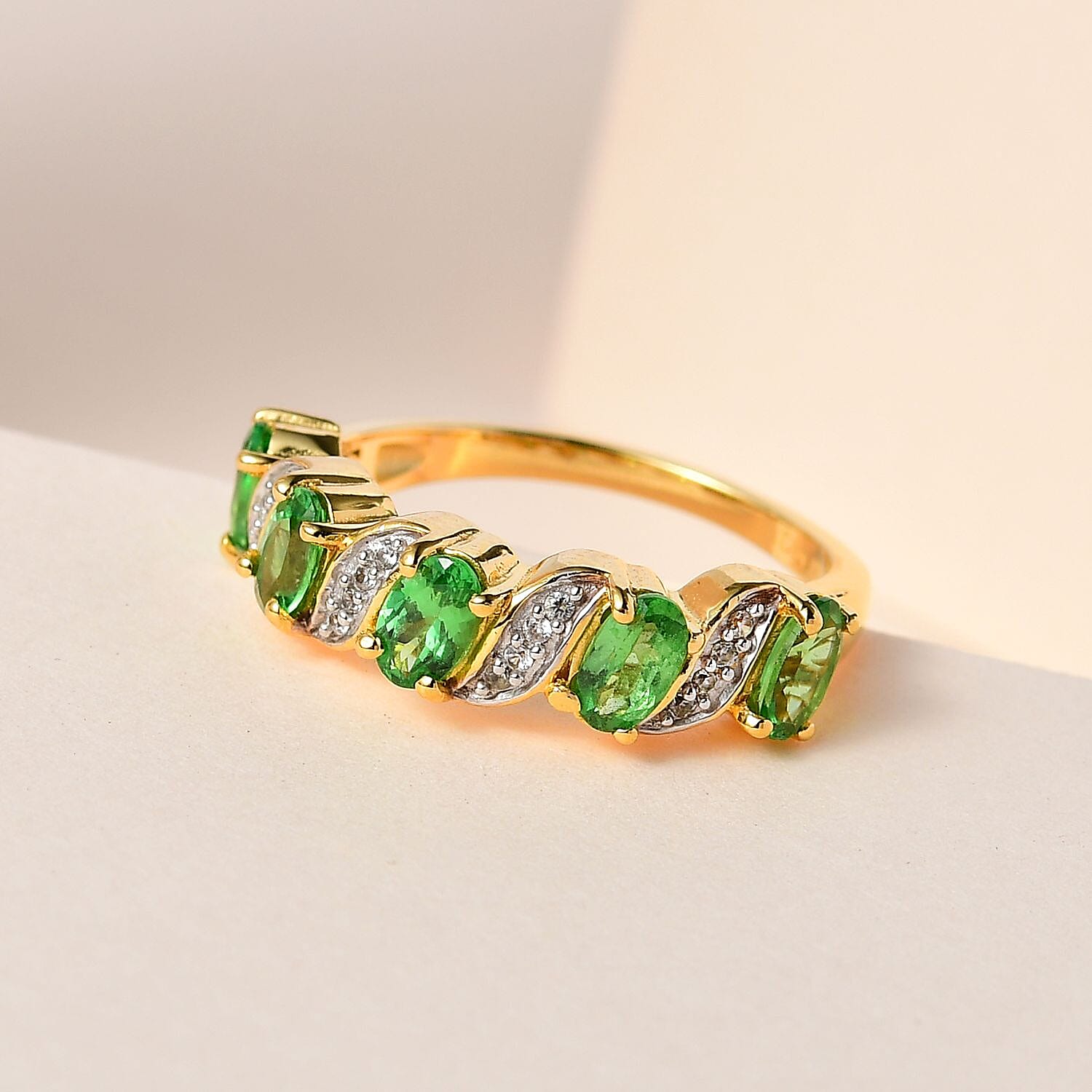 Premium Tsavorite Garnet and White Zircon Ring in Vermeil Yellow Gold Over Sterling Silver (Size 10.0) 1.15 ctw