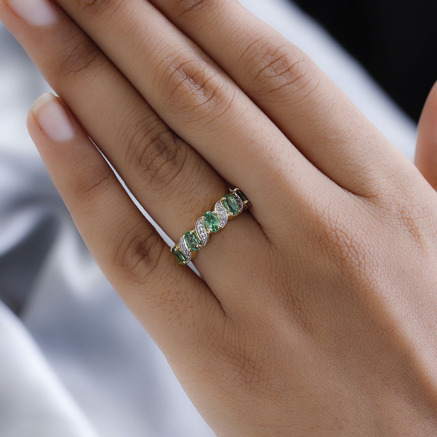 Premium Tsavorite Garnet and White Zircon Ring in Vermeil Yellow Gold Over Sterling Silver (Size 10.0) 1.15 ctw
