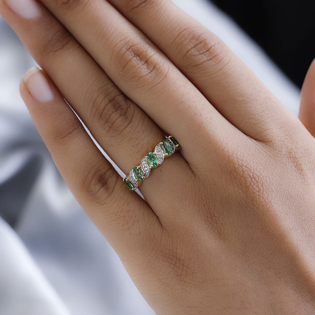 Premium Tsavorite Garnet and White Zircon Ring in Vermeil Yellow Gold Over Sterling Silver 1.15 ctw image number 2