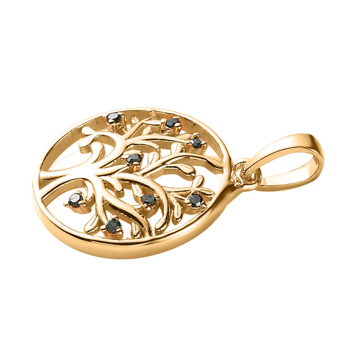 Green Diamond Tree of Life Pendant in Vermeil Yellow Gold Over Sterling Silver 0.05 ctw image number 3