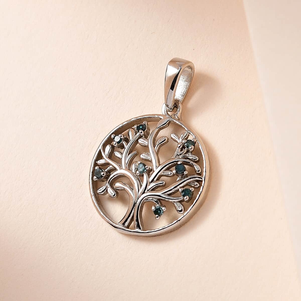 Blue Diamond Tree of Life Pendant in Platinum Over Sterling Silver 0.05 ctw image number 1