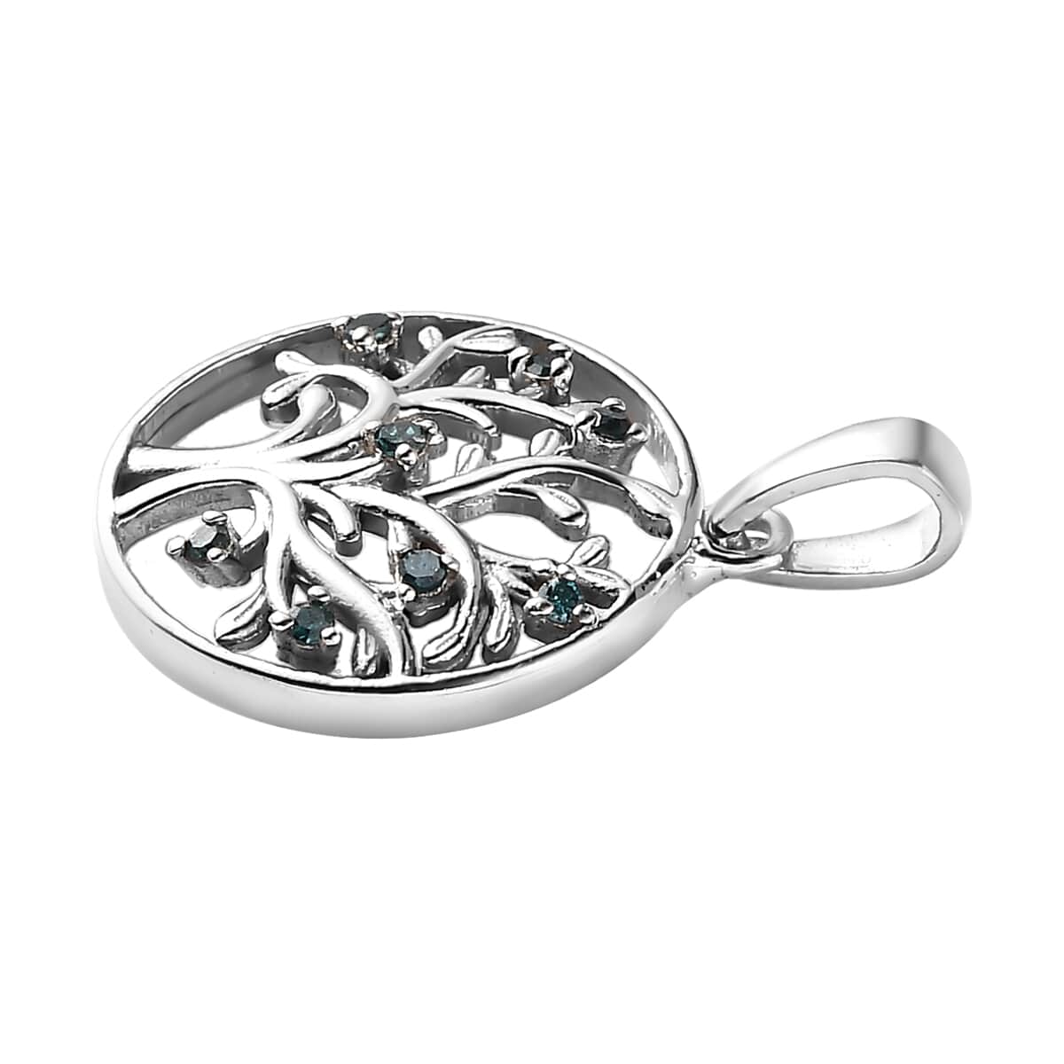 Blue Diamond Tree of Life Pendant in Platinum Over Sterling Silver 0.05 ctw image number 3