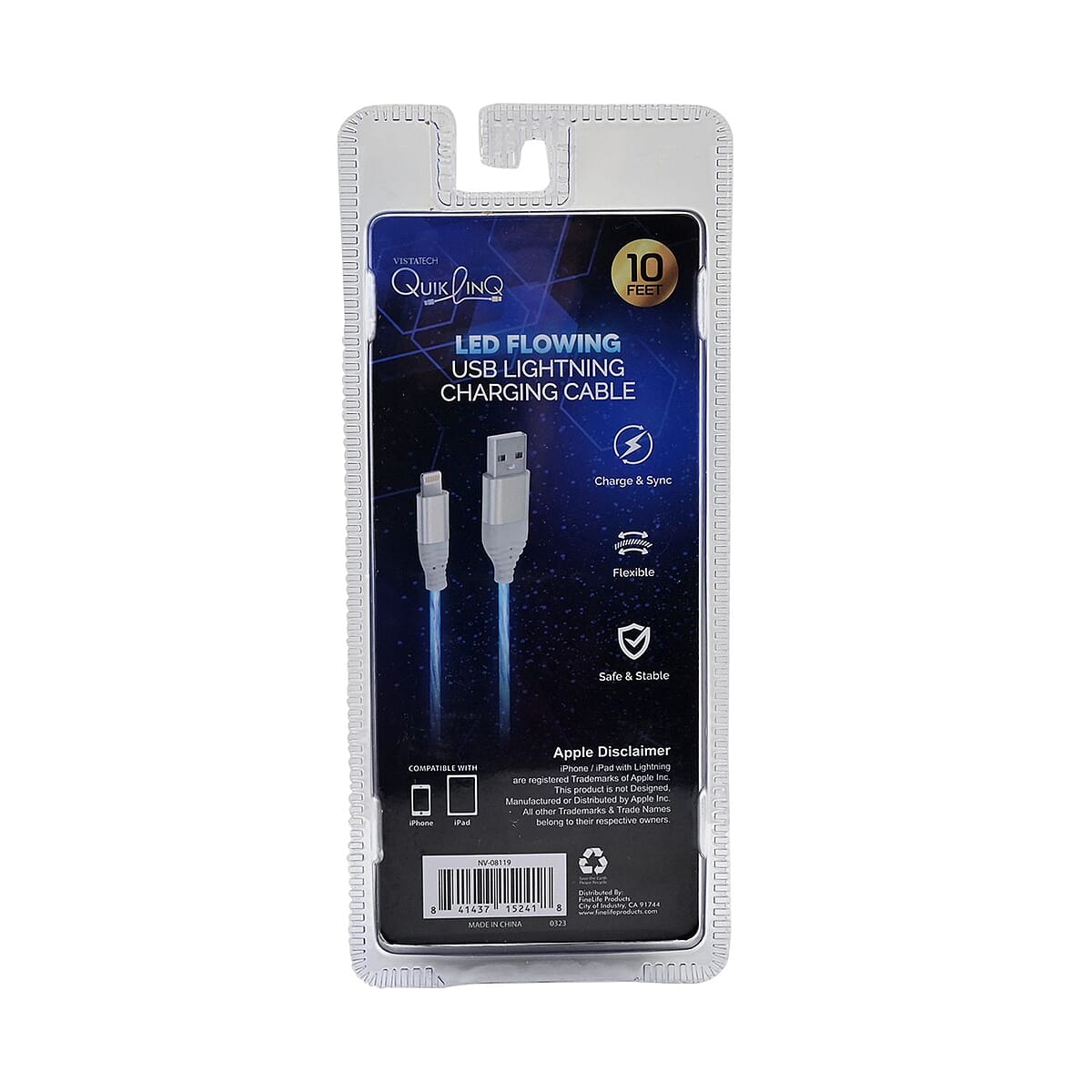 Vista Tech 10ft USB Lightning (Apple) LED Flowing Charging Cable -Blue image number 4