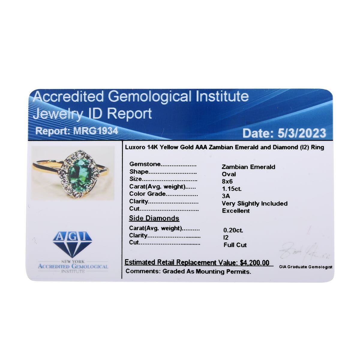 Certified Luxoro 14K Yellow Gold AAA Kagem Zambian Emerald and G-H I2 Diamond Ring 1.35 ctw (Del. in 3-5 Days) image number 3