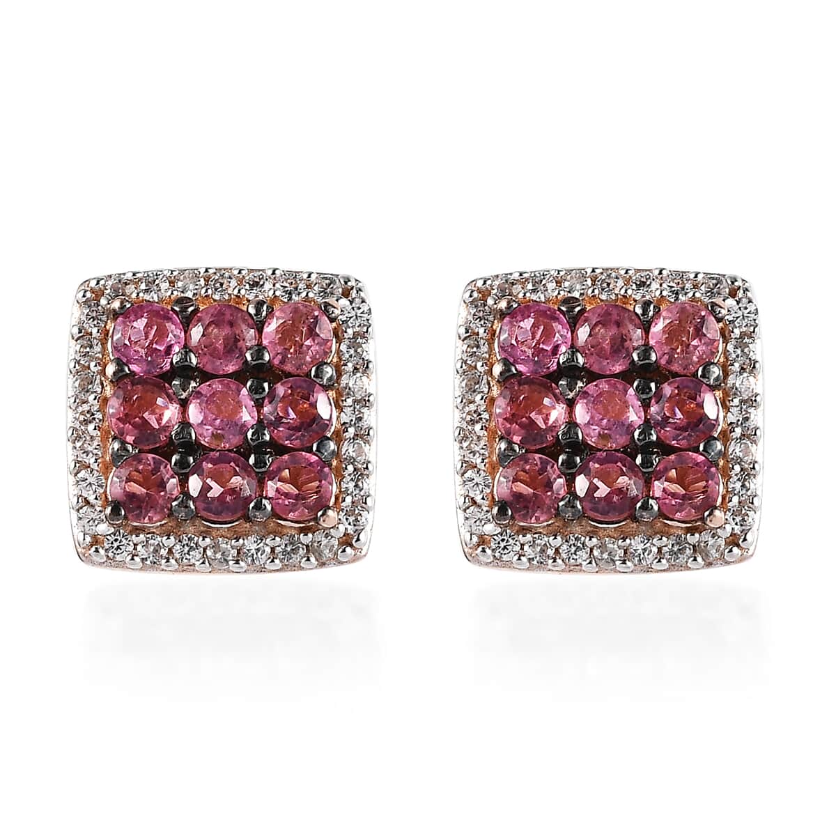 Premium Morro Redondo Pink Tourmaline and White Zircon Halo Stud Earrings in Vermeil Rose Gold Over Sterling Silver 0.90 ctw image number 0