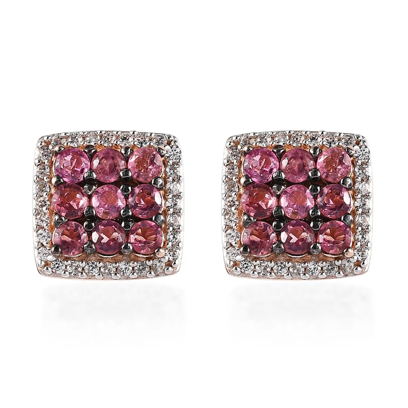 Premium Morro Redondo Pink Tourmaline and White Zircon Halo Stud Earrings in Vermeil Rose Gold Over Sterling Silver 0.90 ctw