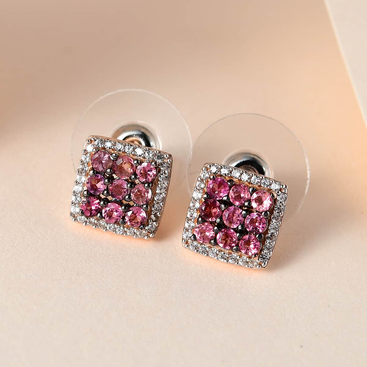 Premium Morro Redondo Pink Tourmaline and White Zircon Halo Stud Earrings in Vermeil Rose Gold Over Sterling Silver 0.90 ctw image number 1