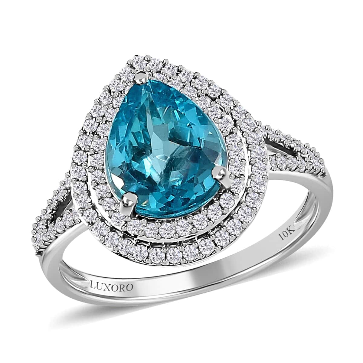 Luxoro 10K White Gold Premium Madagascar Paraiba Apatite and Moissanite Double Halo Ring 3.15 ctw image number 0