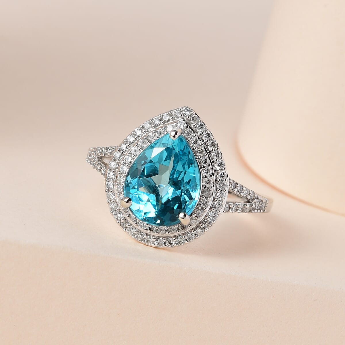 Luxoro 10K White Gold Premium Madagascar Paraiba Apatite and Moissanite Double Halo Ring 3.15 ctw image number 1