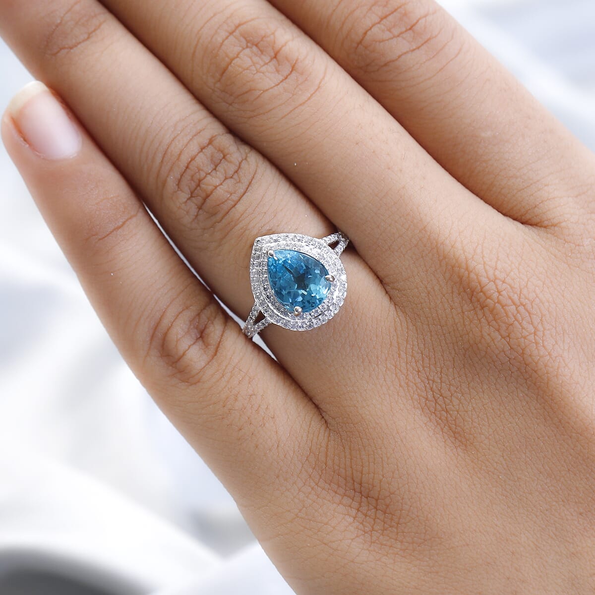 Luxoro 10K White Gold Premium Madagascar Paraiba Apatite and Moissanite Double Halo Ring 3.15 ctw image number 2
