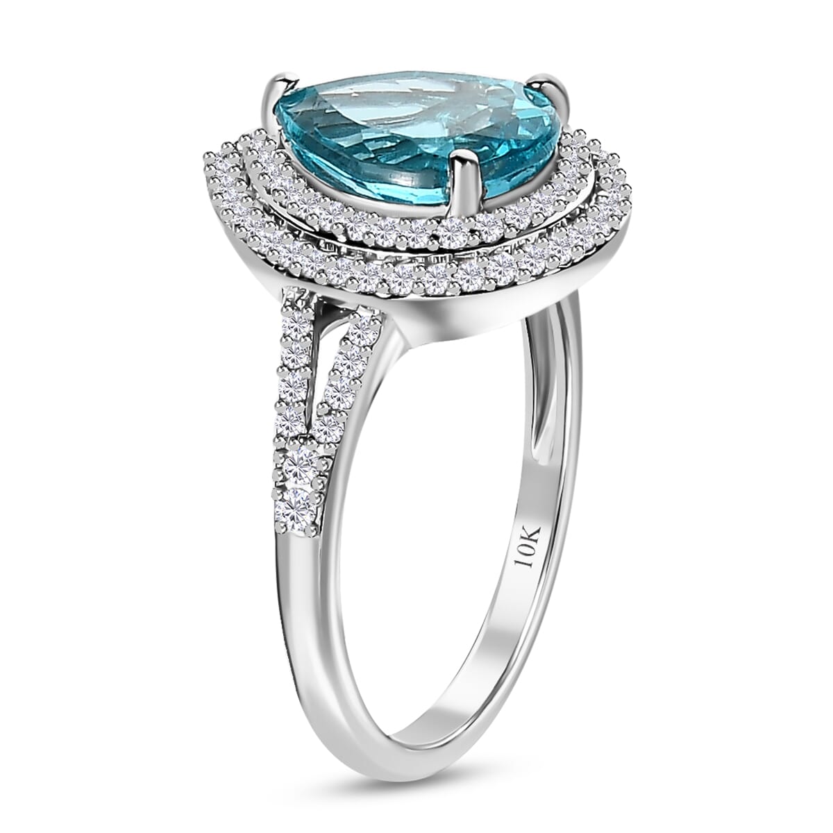 Luxoro 10K White Gold Premium Madagascar Paraiba Apatite and Moissanite Double Halo Ring 3.15 ctw image number 3