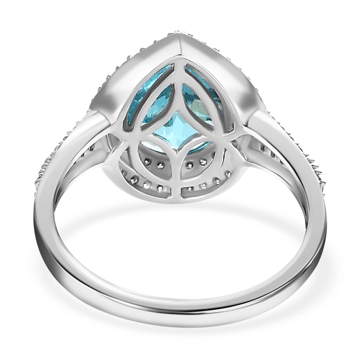 Luxoro 10K White Gold Premium Madagascar Paraiba Apatite and Moissanite Double Halo Ring 3.15 ctw image number 4