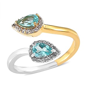 Madagascar Paraiba and Green Apatite, White Zircon Bypass Ring in Vermeil YG and Platinum Over Sterling Silver (Size 9.0) 1.15 ctw