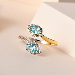 Madagascar Paraiba and Green Apatite, White Zircon Bypass Ring in Vermeil YG and Platinum Over Sterling Silver (Size 9.0) 1.15 ctw