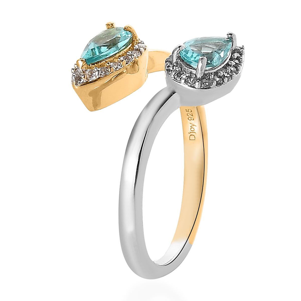 Madagascar Paraiba and Green Apatite, White Zircon Bypass Ring in Vermeil YG and Platinum Over Sterling Silver (Size 9.0) 1.15 ctw image number 3