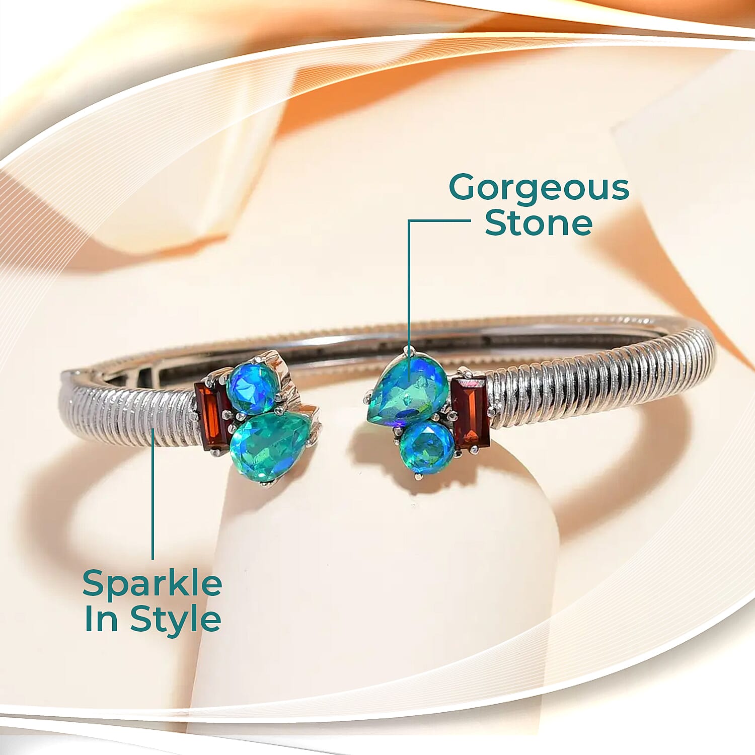 Peacock Quartz Triplet Cuff Bracelet ,Mozambique Garnet Accent Bracelet , Stainless Steel Bracelet , Durable Cuff Bracelet Tarnish-Free, Waterproof, Sweat Proof Jewelry (6.50 In) 6.75 ctw