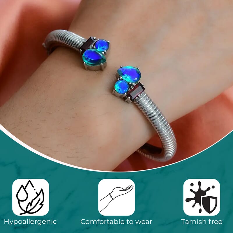 Peacock Quartz Triplet Cuff Bracelet ,Mozambique Garnet Accent Bracelet , Stainless Steel Bracelet , Durable Cuff Bracelet Tarnish-Free, Waterproof, Sweat Proof Jewelry (6.50 In) 6.75 ctw