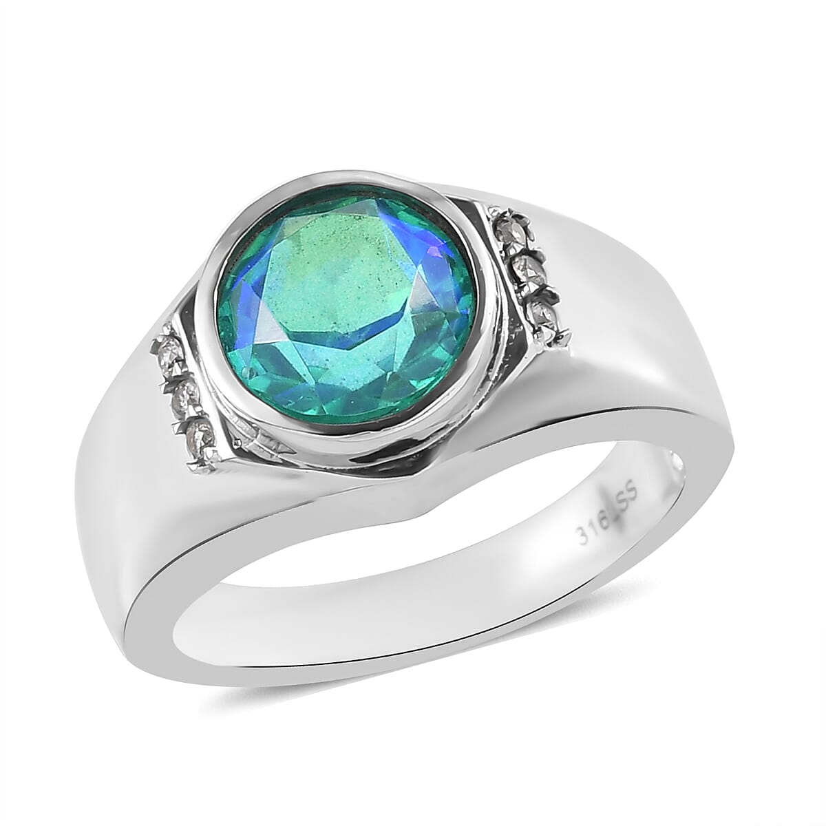 Peacock Quartz, White Zircon Men's Ring in Stainless Steel (Size 10.0) 3.15 ctw | Tarnish-Free, Waterproof, Sweat Proof Jewelry