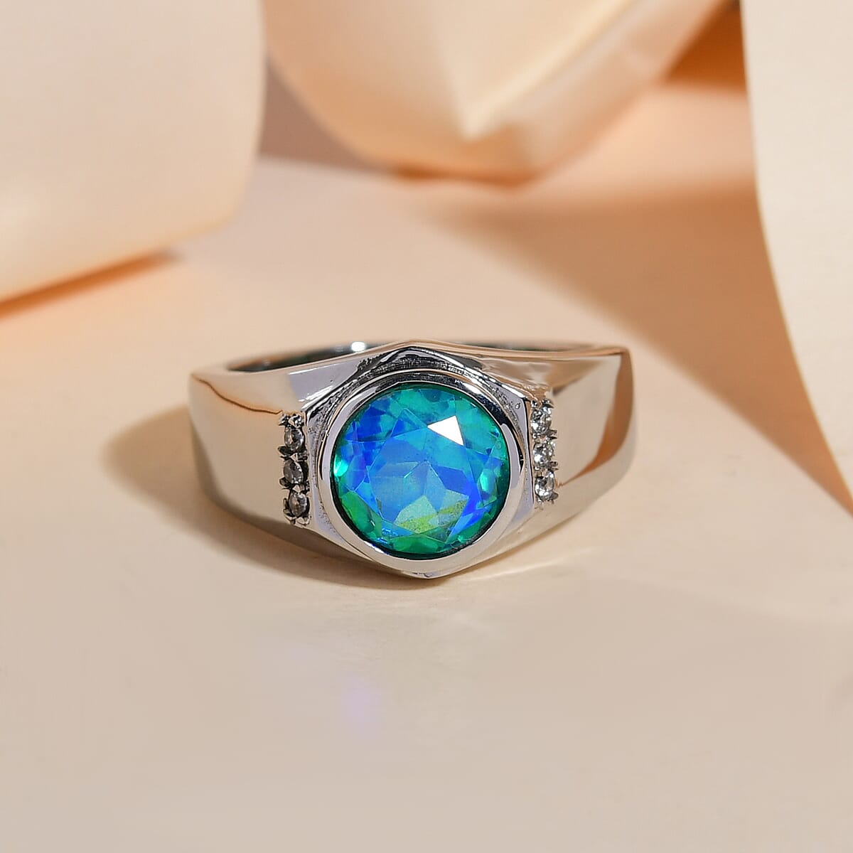 Peacock Quartz, White Zircon Men's Ring in Stainless Steel (Size 14.0) 3.15 ctw | Tarnish-Free, Waterproof, Sweat Proof Jewelry image number 2