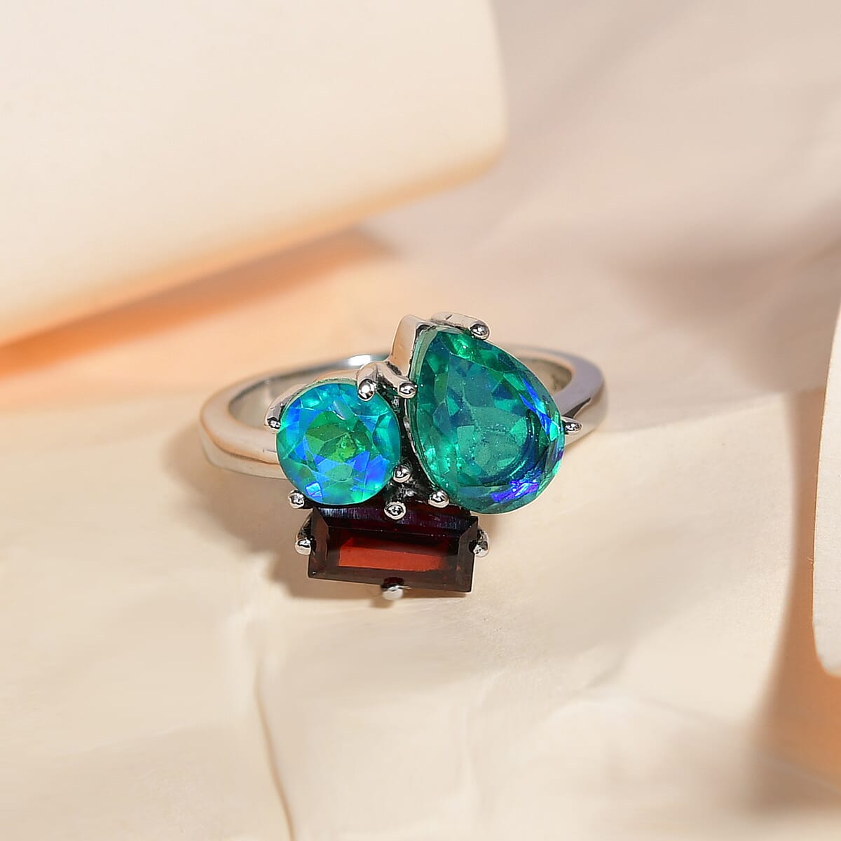 Peacock Quartz, Mozambique Garnet 3 Stone Ring in Stainless Steel (Size 10.0) 3.80 ctw image number 1