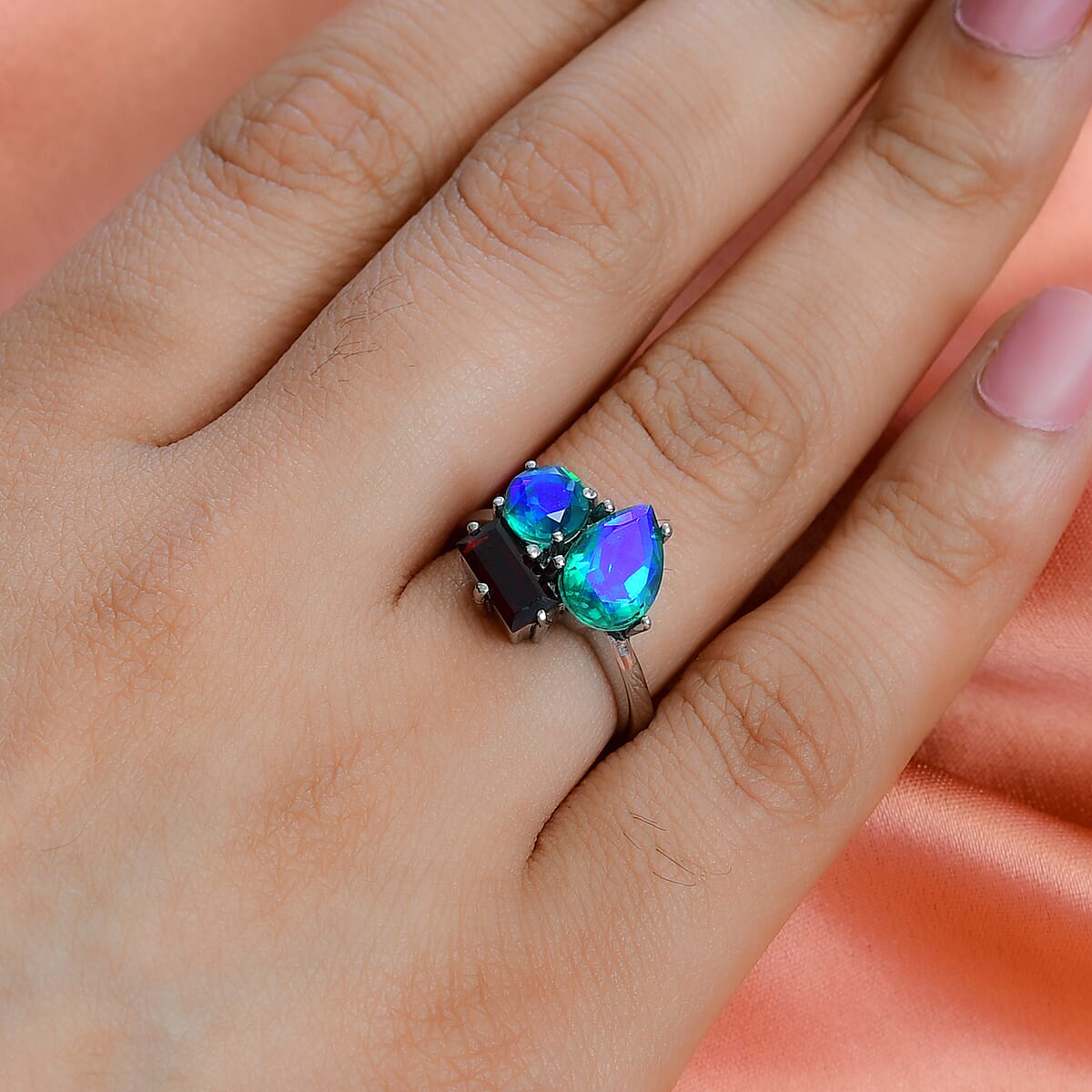 Peacock Quartz, Mozambique Garnet 3 Stone Ring in Stainless Steel (Size 8.0) 3.80 ctw | Tarnish-Free, Waterproof, Sweat Proof Jewelry image number 2