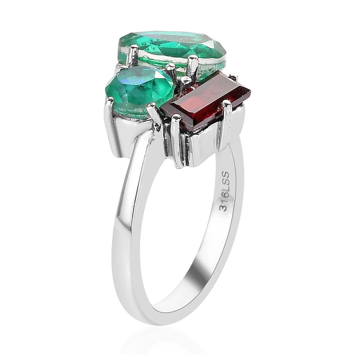 Peacock Quartz, Mozambique Garnet 3 Stone Ring in Stainless Steel (Size 8.0) 3.80 ctw | Tarnish-Free, Waterproof, Sweat Proof Jewelry image number 3